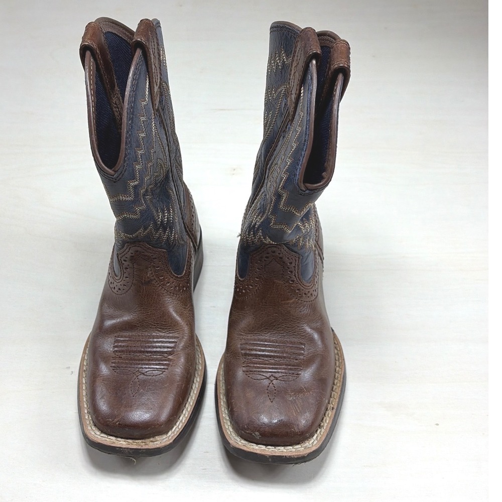 Ariat Kids Brown Navy Blue Leather Square Toe Western Cowboy Boots 10021591 US 9